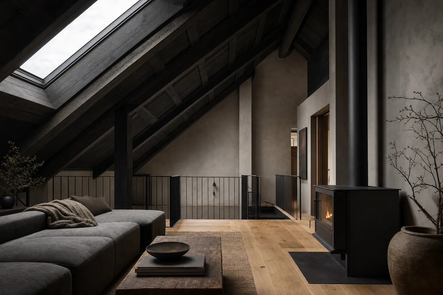 A converted loft with exposed timber rafters and a skylight